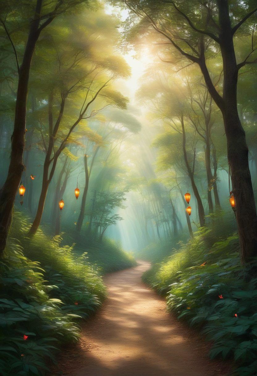 A serene forest pathway winding through tall, lush trees, with soft sunlight filtering through the leaves, creating a mystical atmosphere. Alongside the path, whimsical symbols of self-discovery like keys, lanterns, and butterflies represent growth and transformation. In the distance, a silhouette of a person engaging in meditation, deeply connected to nature. The color palette should be soft and dreamy, evoking feelings of peace and introspection. vibrant colors. digital painting.