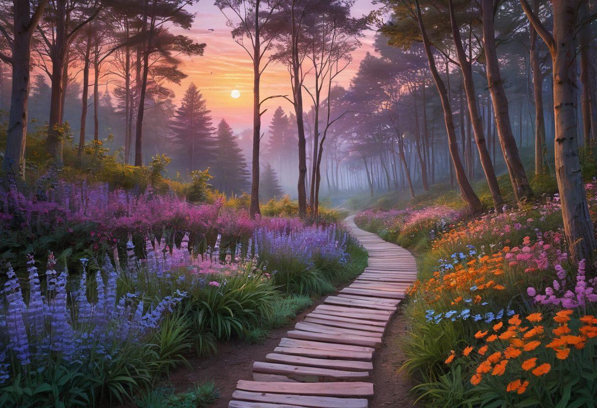 A serene landscape illustrating a winding path through a vibrant forest filled with blooming flowers and soft, glowing lights. An INFP figure is contemplatively walking, surrounded by gentle butterflies symbolizing emotional awareness. The sky transitions from soft pastel hues to a tranquil sunset, embodying personal growth and introspection. super-realistic. vibrant colors. peaceful atmosphere.