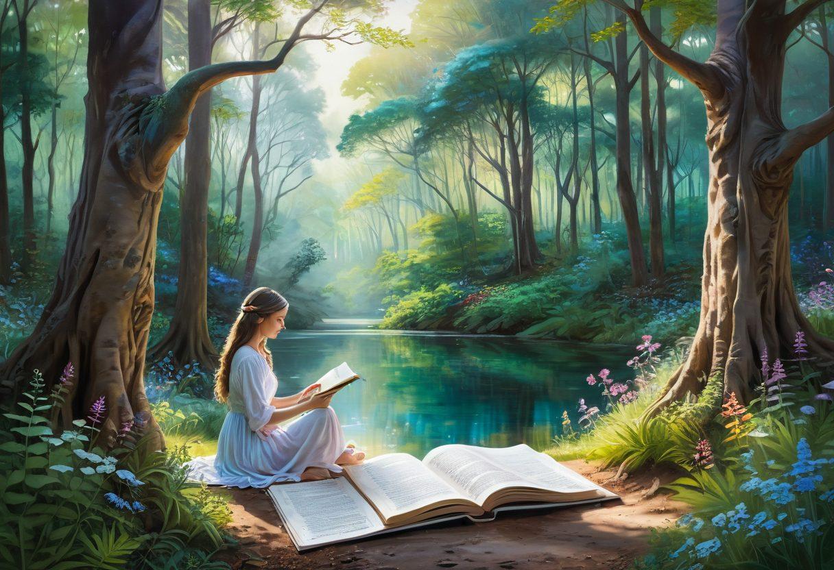 A serene landscape featuring a dreamy, whimsical forest filled with vibrant flowers and soft light filtering through the trees. In the foreground, a reflective figure sits peacefully, holding a journal, symbolizing introspection. Surround the figure with swirling colors that represent creativity and emotion, creating a sense of tranquility and deep connection to one’s inner self. Style it with soft pastel colors and impressionistic brush strokes for a magical, inviting atmosphere.